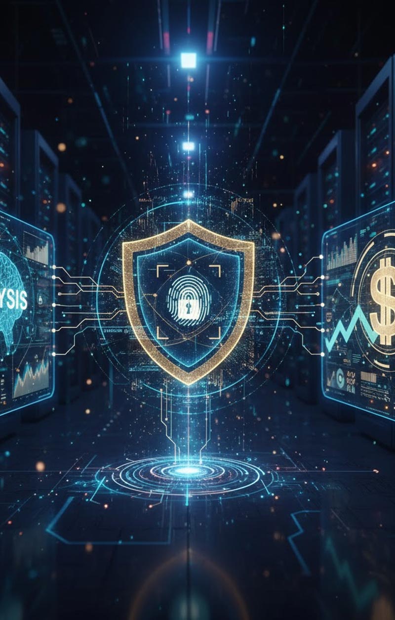 Panel de ciberseguridad con escudo digital y análisis de datos – DeusSoftware