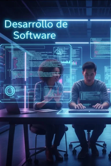 Equipo de desarrollo creando software con interfaces holográficas futuristas